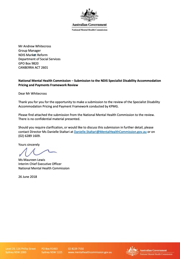 National Mental Health Commission - Submission to the NDIS Specialist Disability Accommodation Pricing and Payments Framework Review