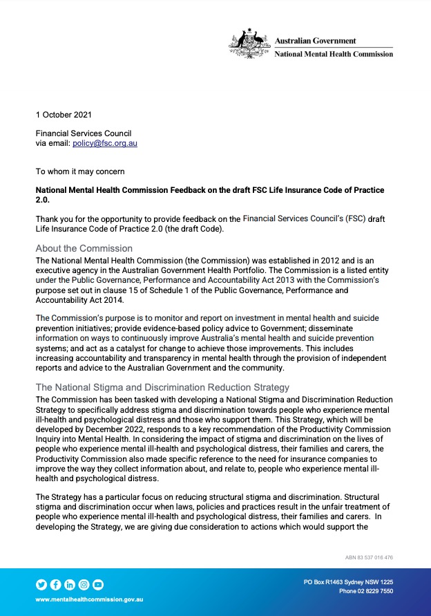 National Mental Health Commission Feedback on the draft FSC Life Insurance Code of Practic 2.0.