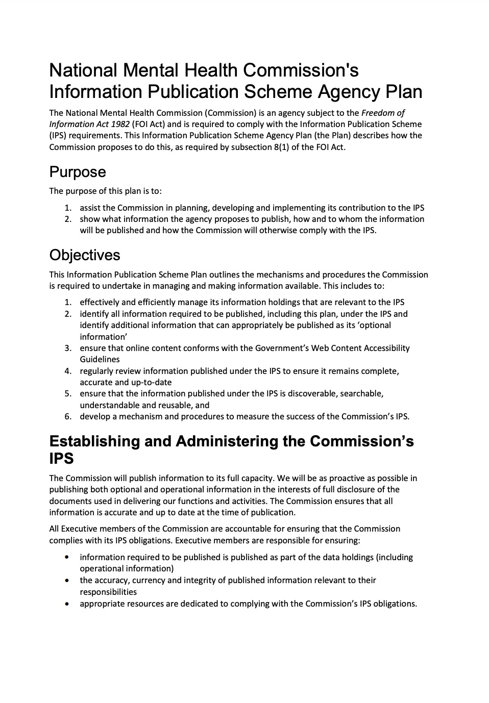 National Mental Health Commission's Information Publication Scheme Agency Plan