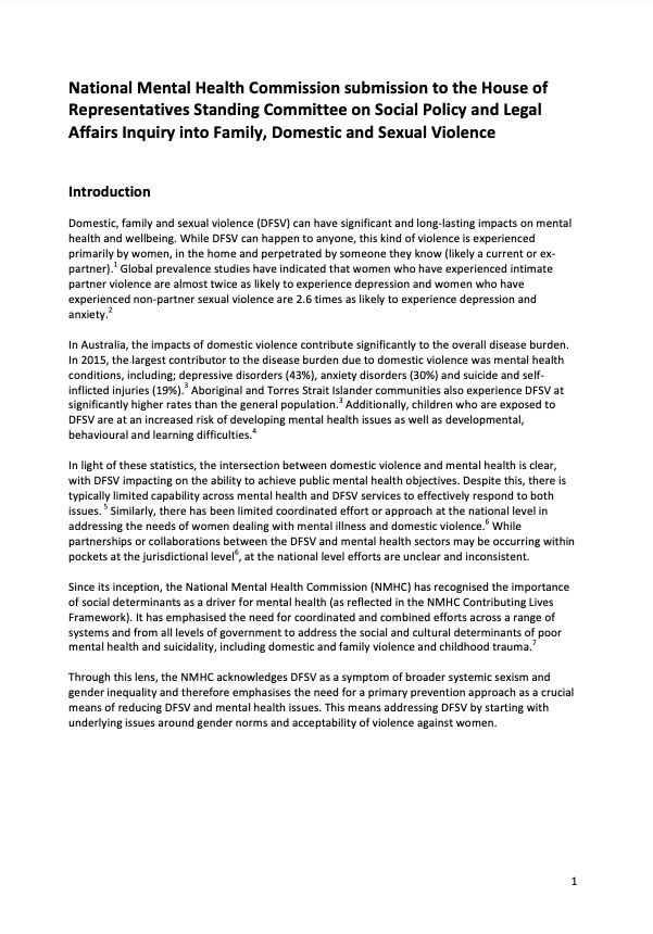 National Mental Health Commission submission to the House of Representatives Standing Committee on Social Policy and Legal Affairs Inquiry into Family, Domestic and Sexual Violence