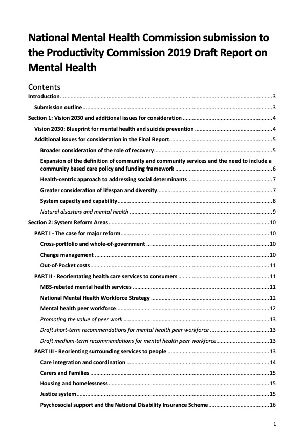 National Mental Health Commission submission to the Productivity Commission 2019 Draft Report on Mental Health