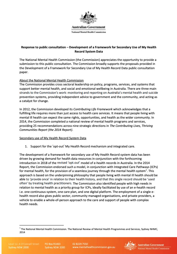 Response to public consultation - Development of a Framework for Secondary Use of My Health Record System Data