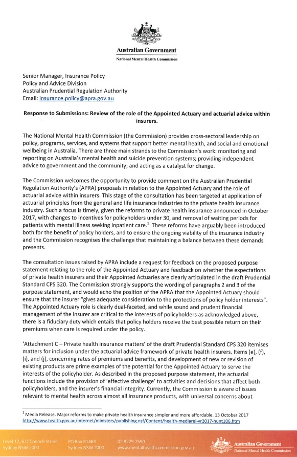 Response to Submissions: Review of the role of the Appointed Actuary and actuarlal advice within insurers.