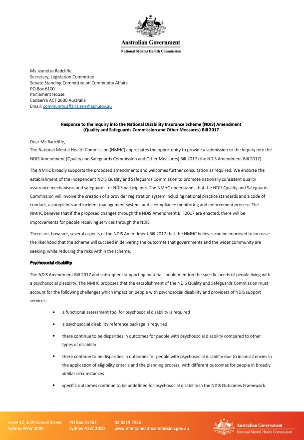 Response to the Inquiry into the National Disability Insurance Scheme (NDIS) Amendment (Quality and Safeguards Commission and Other Measures) Bill 2017
