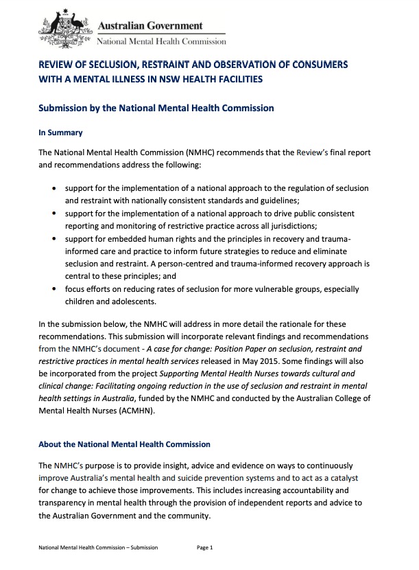 REVIEW OF SECLUSION, RESTRAINT AND OBSERVATION OF CONSUMERS WITH A MENTAL ILLNESS IN NSW HEALTH FACILITIES