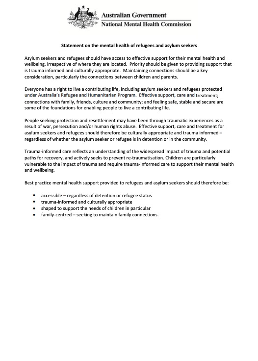 Statement on the mental health of refugees and asylum seekers