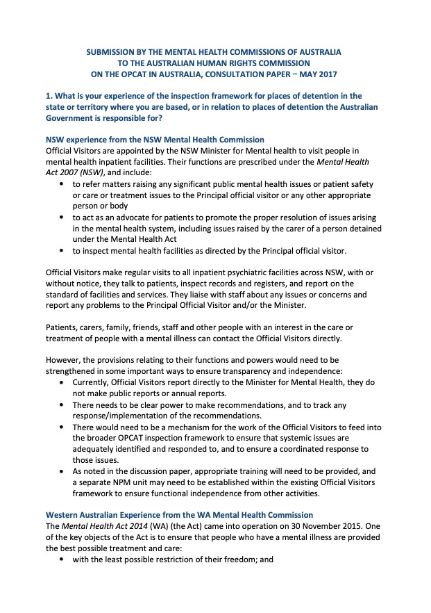 SUBMISSION BY THE MENTAL HEALTH COMMISSIONS OF AUSTRALIA TO THE AUSTRALIAN HUMAN RIGHTS COMMISSION, ON THE OPCAT IN AUSTRALIA, CONSULTATION PAPER - MAY 2017