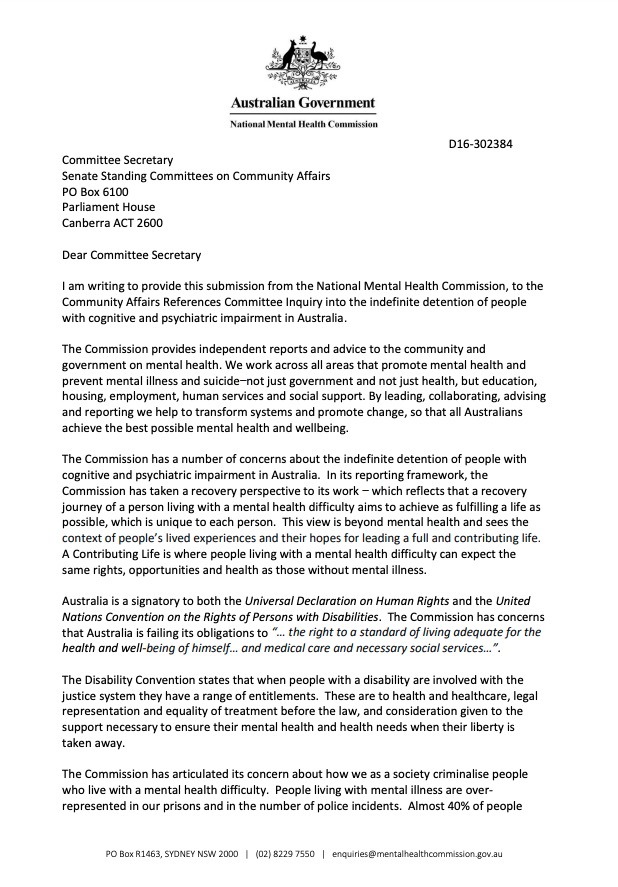 Submission to Senate Inquiry into indefinite detention of people with cognitive and psychiatric impairment in Australia April 2016