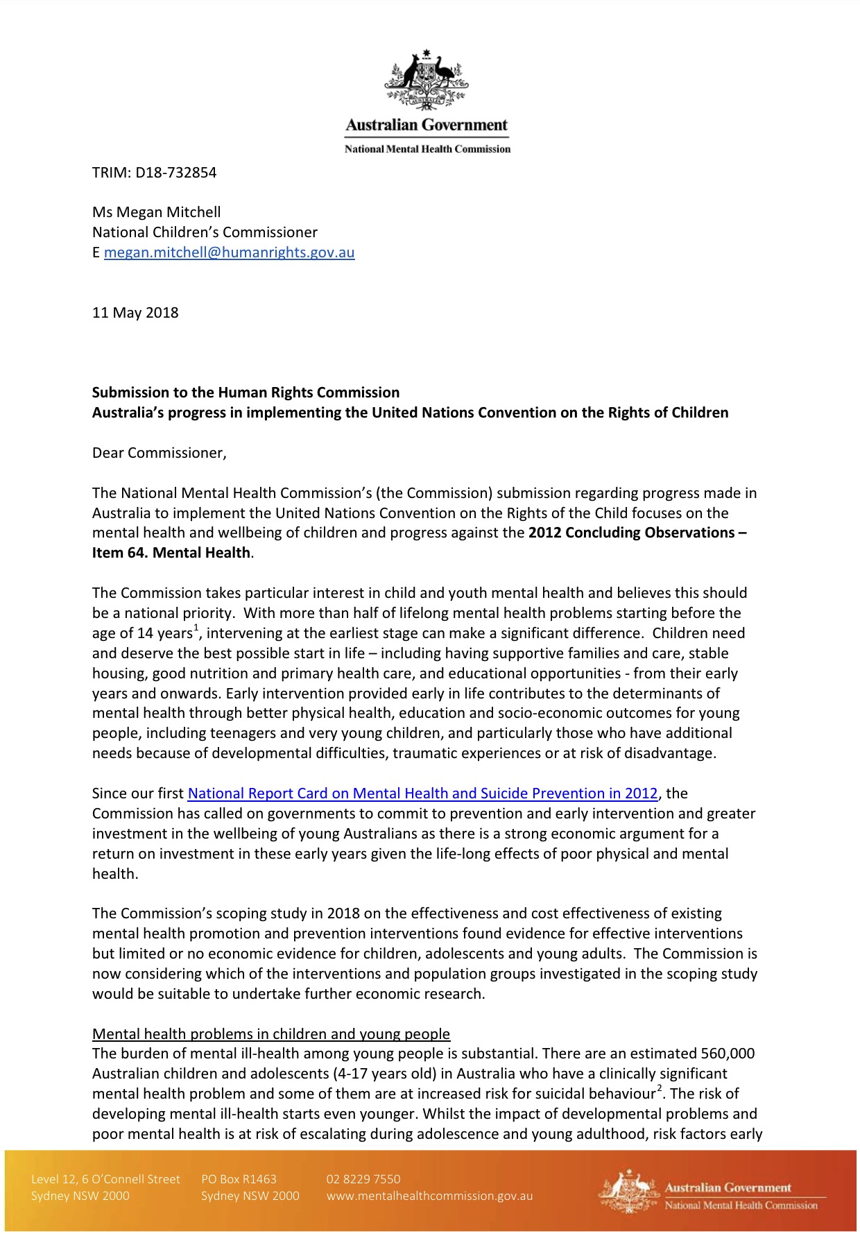 Submission to the Human Rights Commission Australia's progress in implementing the United Nations Convention on the Rights of Children