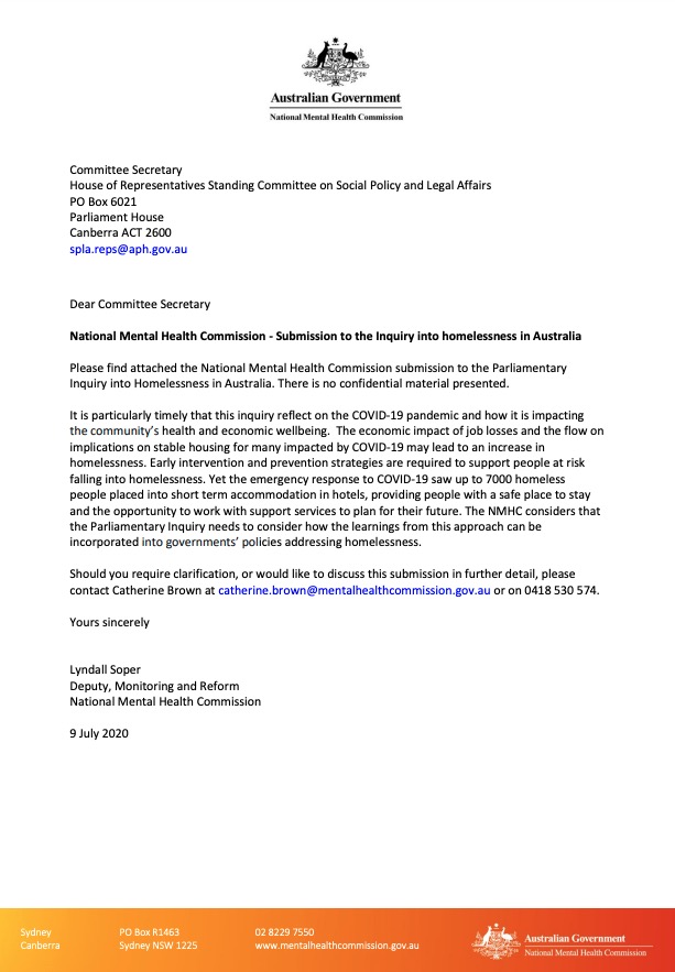 National Mental Health Commission - Submission to the Inquiry into homelessness in Australia