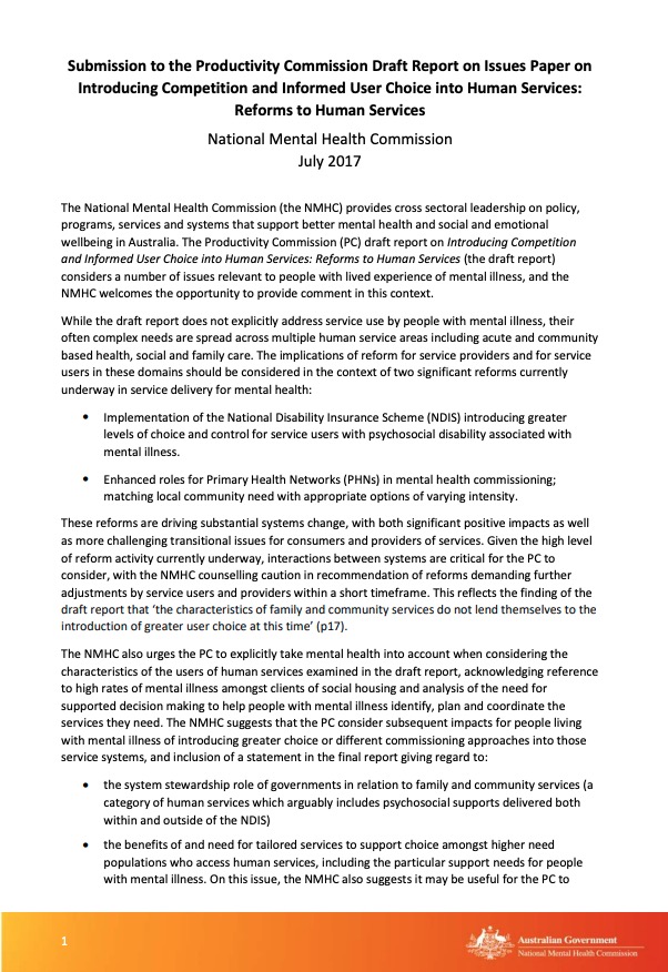 Submission to the Productivity Commission Draft Report on Issues Paper on Introducing Competition and Informed User Choice into Human Services: Reforms to Human Services