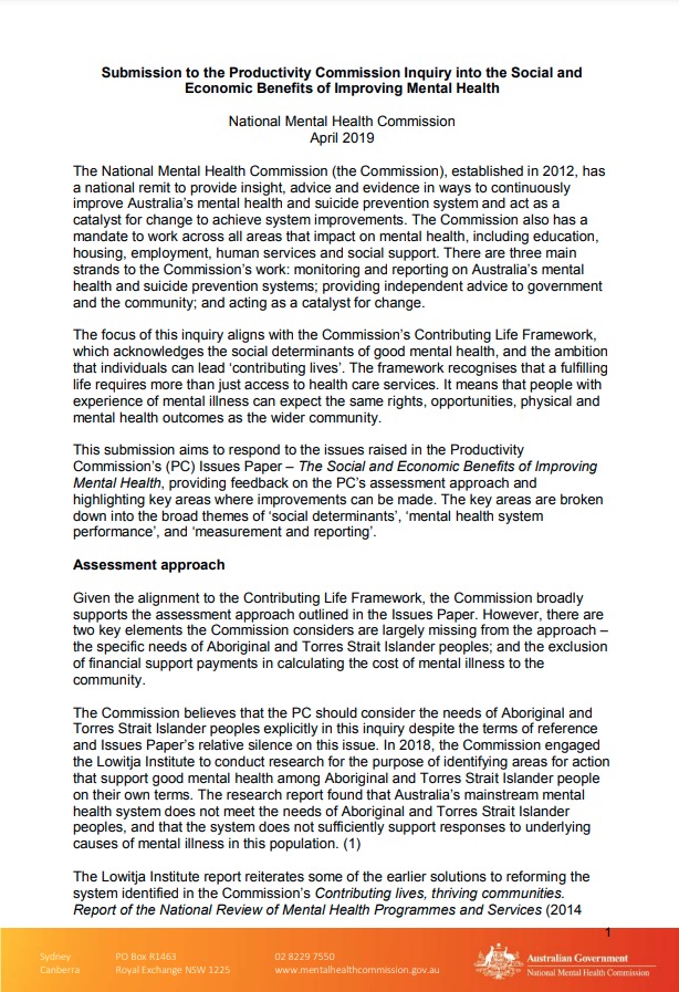 Submission to the Productivity Commission Inquiry into the Social and Economic Benefits of Improving Mental Health