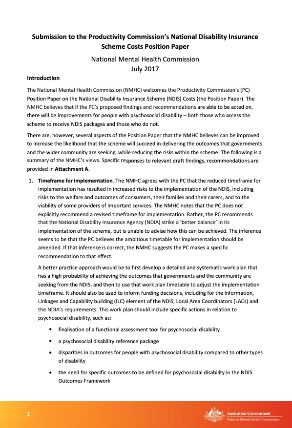 Submission to the Productivity Commission's National Disability Insurance Scheme Costs Position Paper