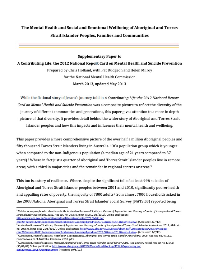 Supplementary Paper to A Contributing Life: the 2012 National Report Card on Mental Health and Suicide Prevention
