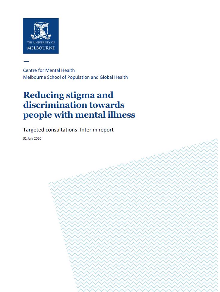 First page of report with title, University of Melbourne coat of arms, and blue zig zag pattern graphic in bottom right corner