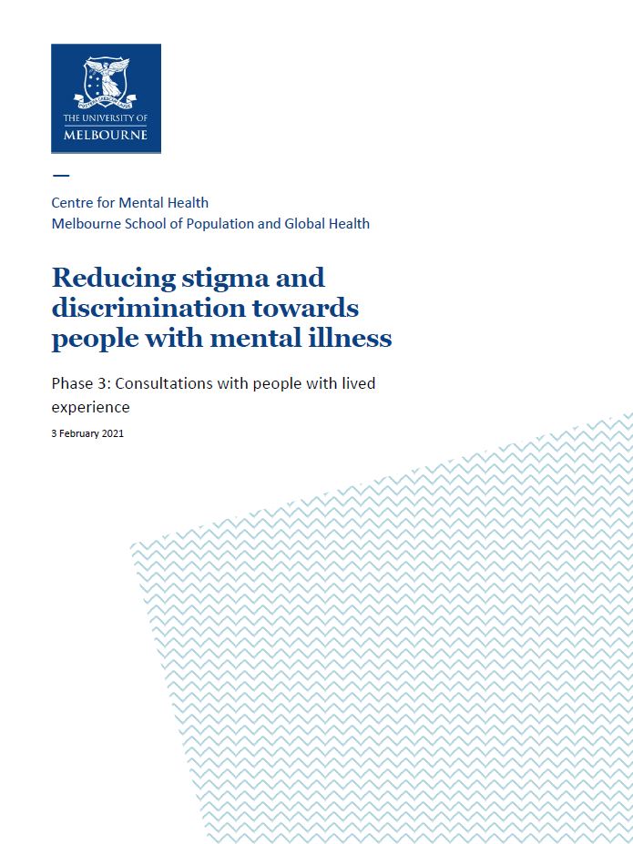 First page of report with title, University of Melbourne coat of arms, and blue zig zag patter graphic in bottom right corner