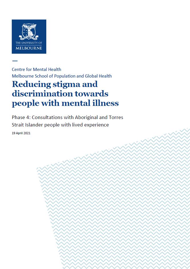 First page of report with title, University of Melbourne coat of arms, and blue zig zag pattern graphic in bottom right corner