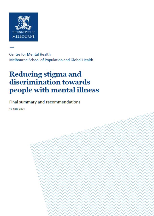 First page of report with title, University of Melbourne coat of arms, and blue zig zag pattern graphic in bottom right corner