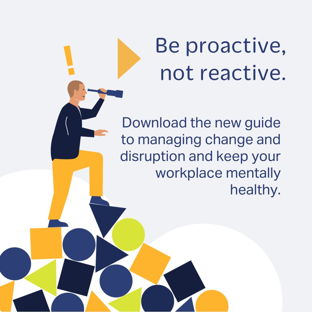 Social media tile - be proactive not reactive with illustration of man looking through telescope while standing on shapes