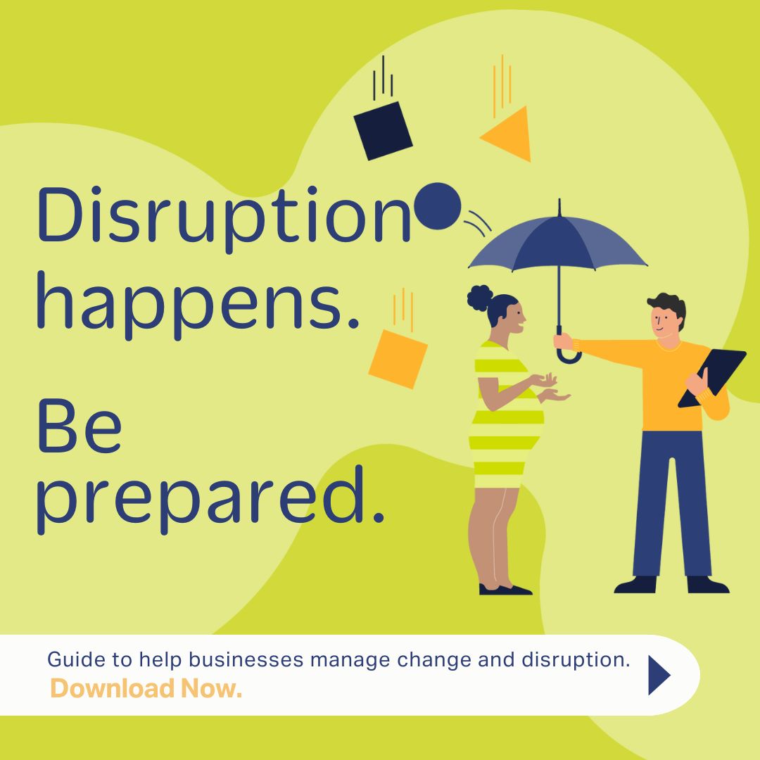 Social media tile with text 'Disruption happens. Be prepared. with illustration of pregnant woman and man holding umbrella above her to protect from falling shapes