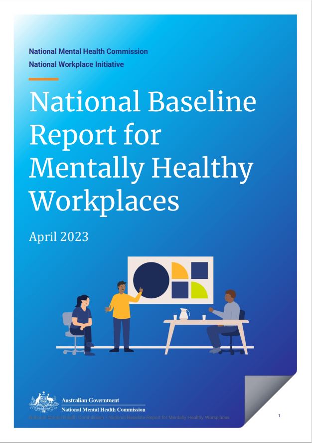 Cover page of report with blue background, white title text and 3 people in workspace