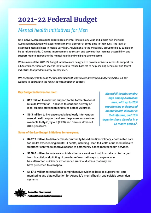 2021-22 Federal Budget Mental health initiatives for Men