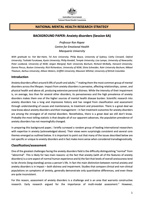 NATIONAL MENTAL HEALTH RESEARCH STRATEGY  BACKGROUND PAPER: Anxiety disorders (Session 6A)