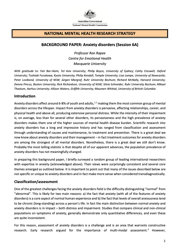 NATIONAL MENTAL HEALTH RESEARCH STRATEGY  BACKGROUND PAPER: Anxiety disorders (Session 6A)