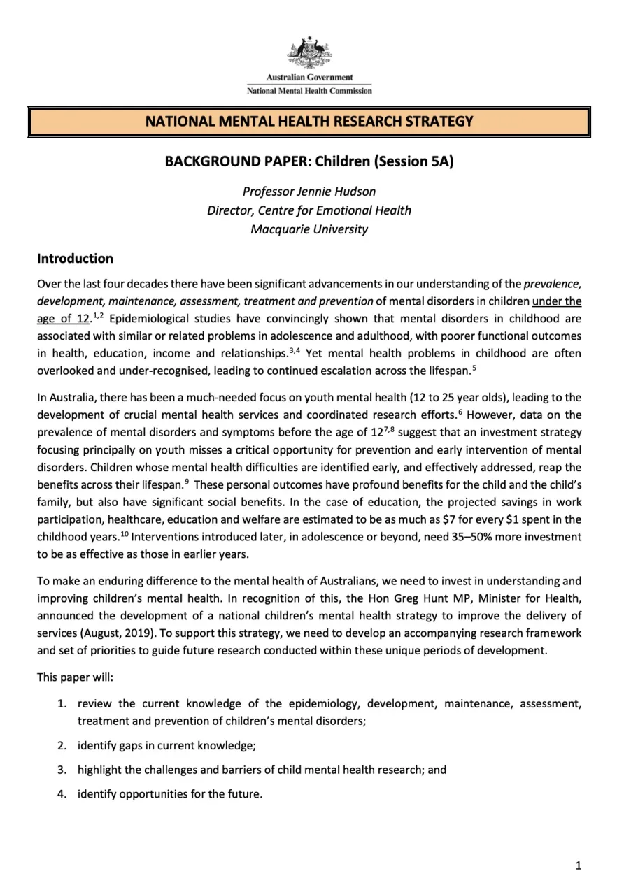 NATIONAL MENTAL HEALTH RESEARCH STRATEGY, BACKGROUND PAPER: Children (Session 5A)