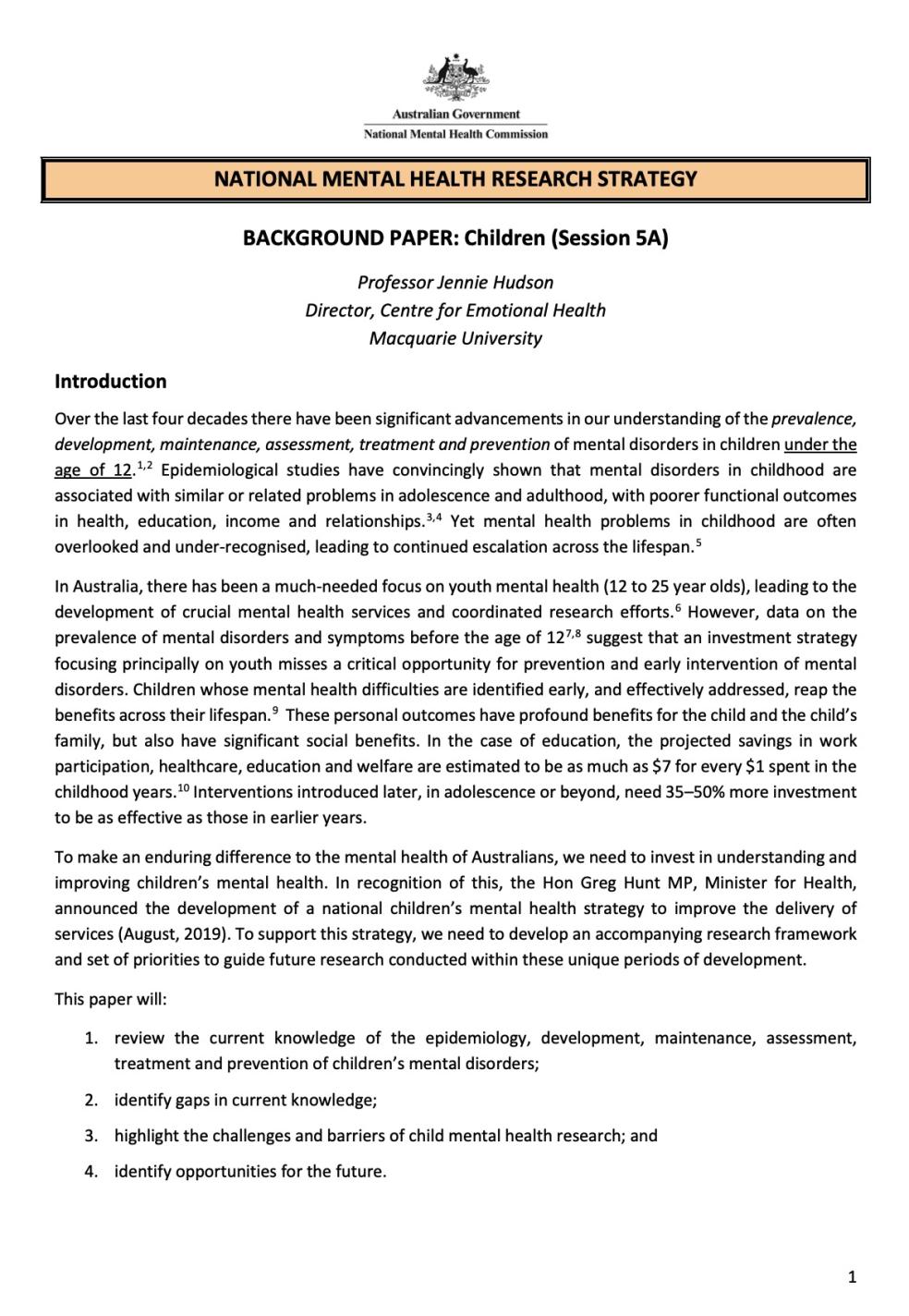 NATIONAL MENTAL HEALTH RESEARCH STRATEGY, BACKGROUND PAPER: Children (Session 5A)