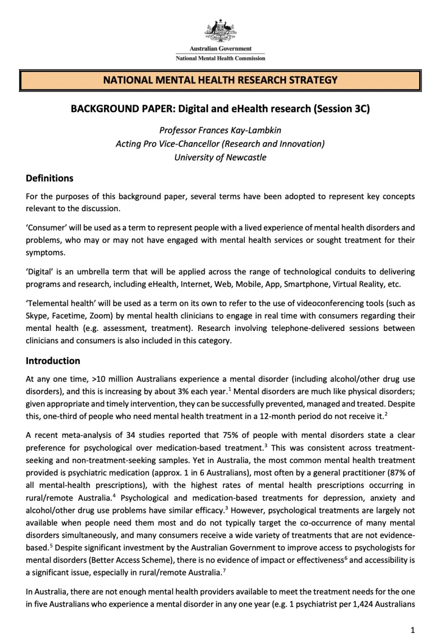 NATIONAL MENTAL HEALTH RESEARCH STRATEGY, BACKGROUND PAPER: Digital and eHealth research (Session 3C)