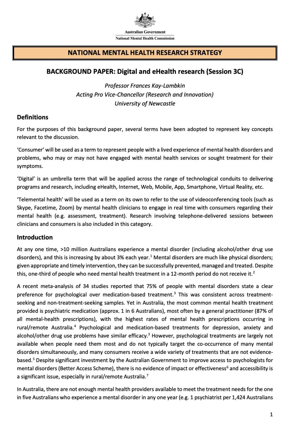 NATIONAL MENTAL HEALTH RESEARCH STRATEGY, BACKGROUND PAPER: Digital and eHealth research (Session 3C)