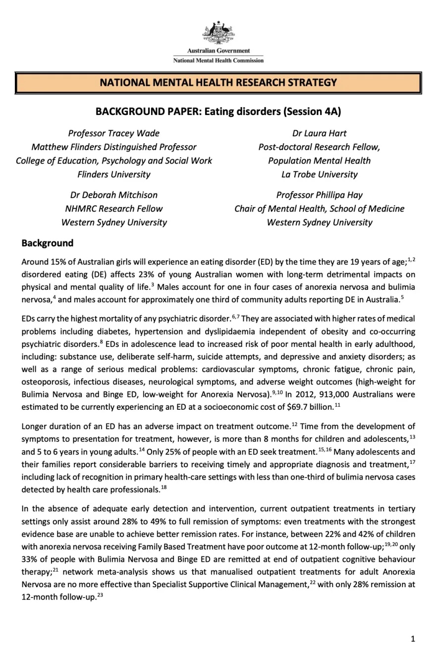 NATIONAL MENTAL HEALTH RESEARCH STRATEGY, BACKGROUND PAPER: Eating disorders (Session 4A)