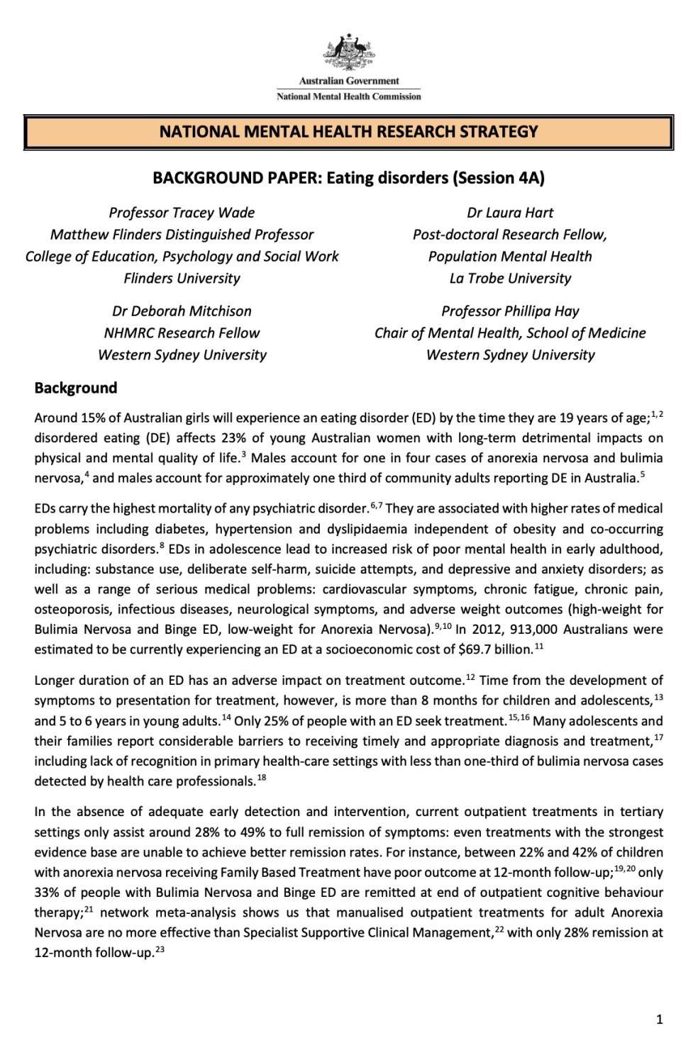 NATIONAL MENTAL HEALTH RESEARCH STRATEGY, BACKGROUND PAPER: Eating disorders (Session 4A)