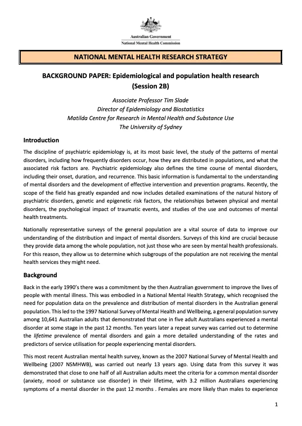 NATIONAL MENTAL HEALTH RESEARCH STRATEGY  BACKGROUND PAPER: Epidemiological and population health research (Session 2B)