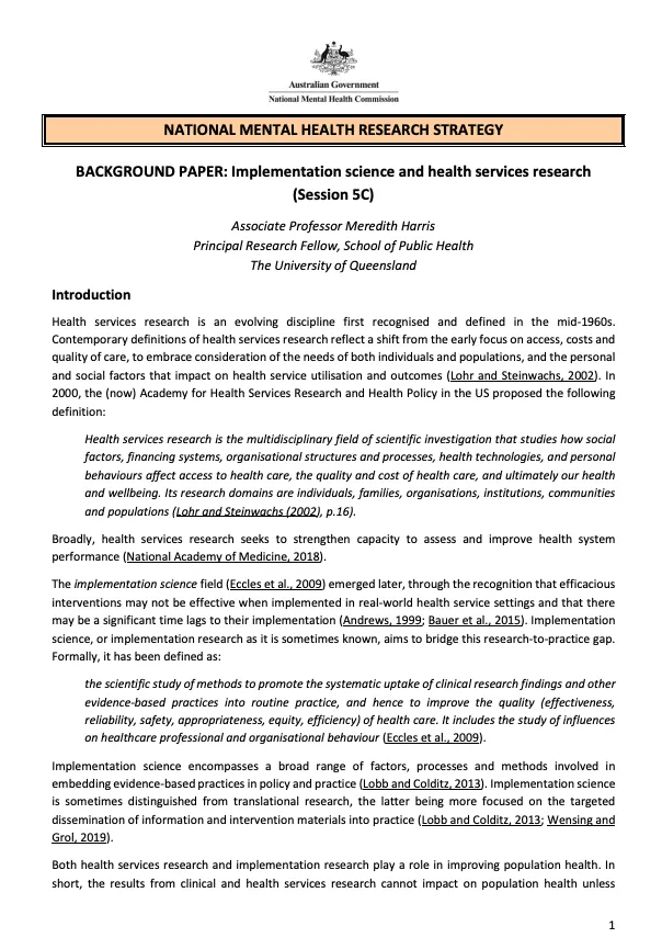 NATIONAL MENTAL HEALTH RESEARCH STRATEGY  BACKGROUND PAPER: Implementation science and health services research (Session 5C)