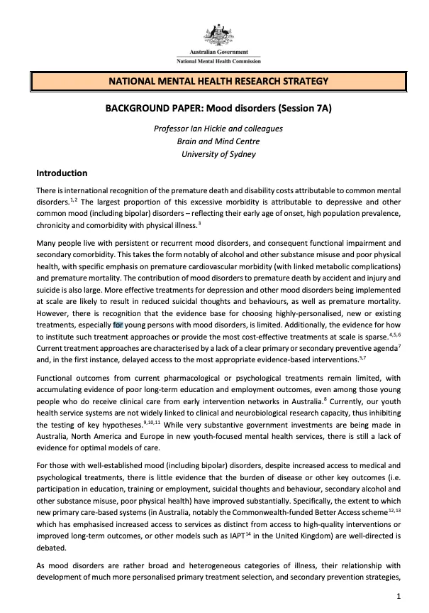 NATIONAL MENTAL HEALTH RESEARCH STRATEGY  BACKGROUND PAPER: Mood disorders (Session 7A)