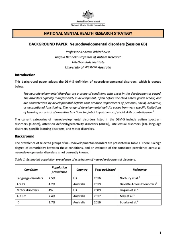 NATIONAL MENTAL HEALTH RESEARCH STRATEGY  BACKGROUND PAPER: Neurodevelopmental disorders (Session 6B)