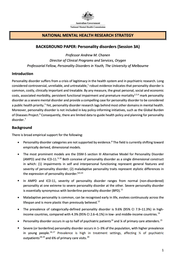 NATIONAL MENTAL HEALTH RESEARCH STRATEGY  BACKGROUND PAPER: Personality disorders (Session 3A)