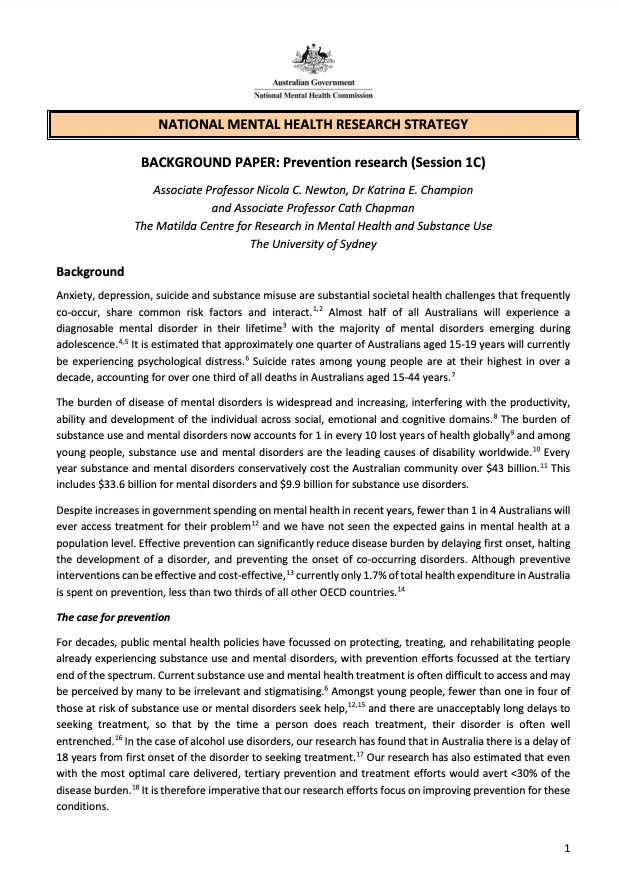 NATIONAL MENTAL HEALTH RESEARCH STRATEGY  BACKGROUND PAPER: Prevention research (Session 1C)