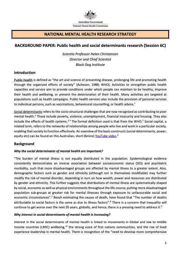NATIONAL MENTAL HEALTH RESEARCH STRATEGY  BACKGROUND PAPER: Public health and social determinants research (Session 6C)