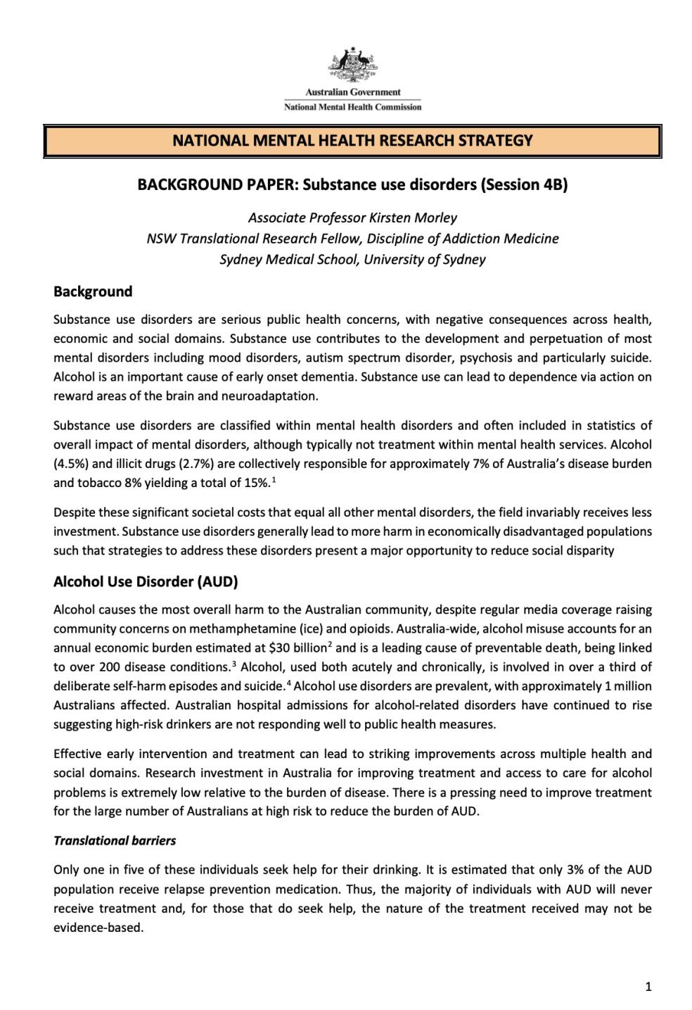 BACKGROUND PAPER: Substance use disorders (Session 4B)