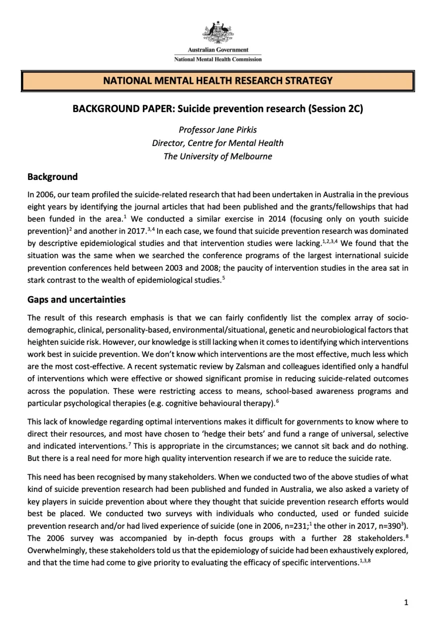 NATIONAL MENTAL HEALTH RESEARCH STRATEGY, BACKGROUND PAPER: Suicide prevention research (Session 2C)