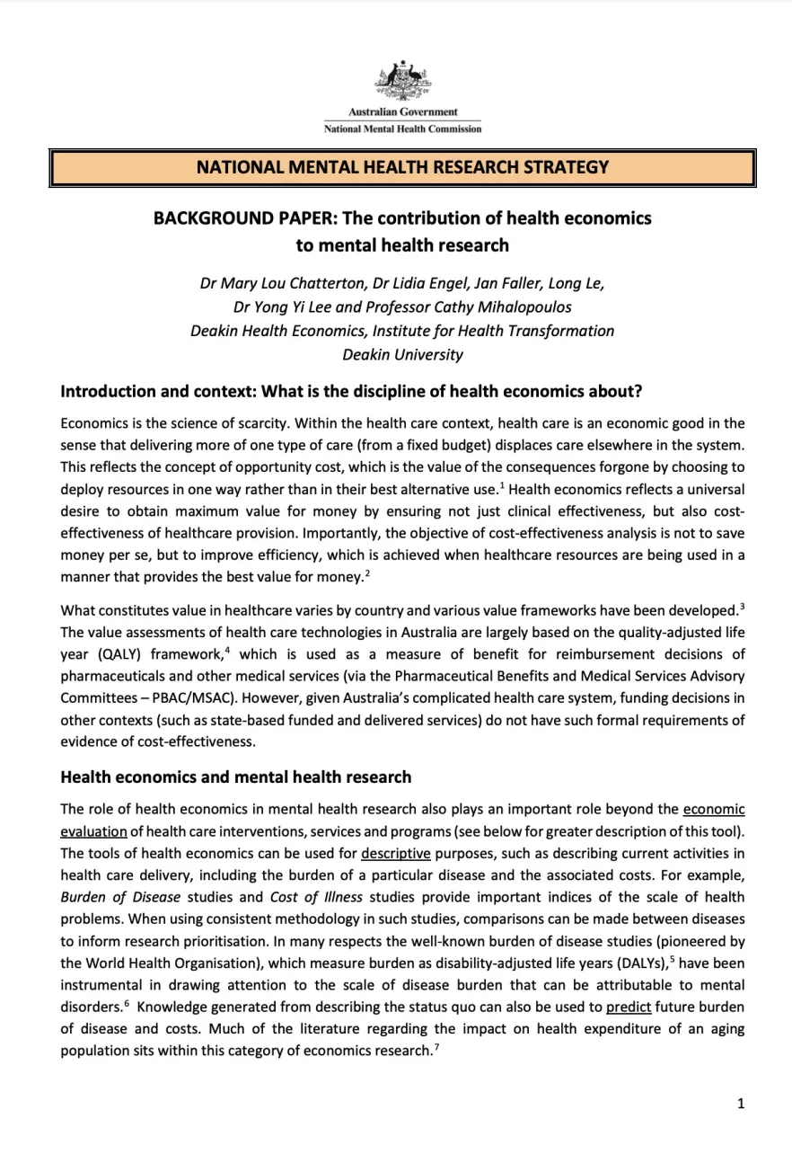 NATIONAL MENTAL HEALTH RESEARCH STRATEGY, BACKGROUND PAPER: The contribution of health economics to mental health research