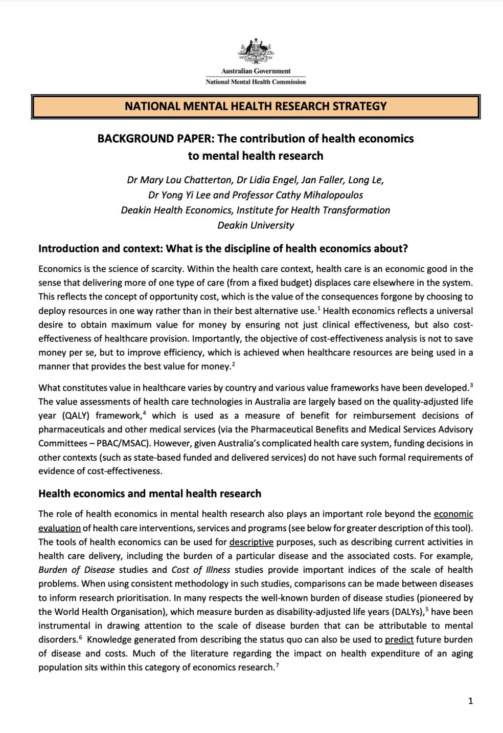 NATIONAL MENTAL HEALTH RESEARCH STRATEGY, BACKGROUND PAPER: The contribution of health economics to mental health research