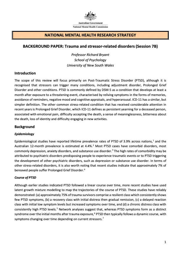 NATIONAL MENTAL HEALTH RESEARCH STRATEGY  BACKGROUND PAPER: Trauma and stressor-related disorders (Session 7B)