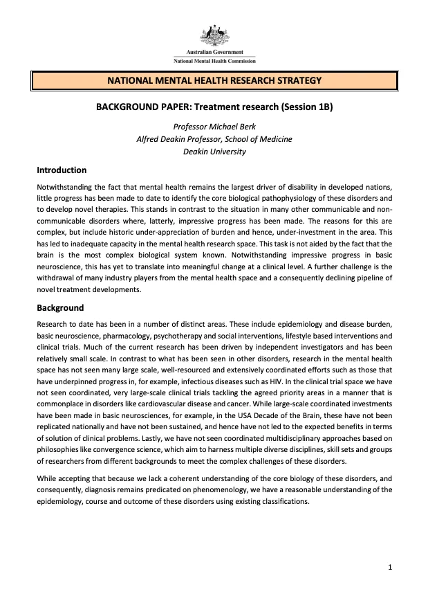NATIONAL MENTAL HEALTH RESEARCH STRATEGY  BACKGROUND PAPER: Treatment research (Session 1B)