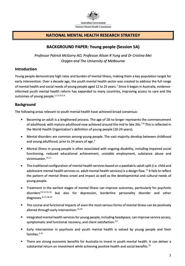 NATIONAL MENTAL HEALTH RESEARCH STRATEGY  BACKGROUND PAPER: Young people (Session 5A)