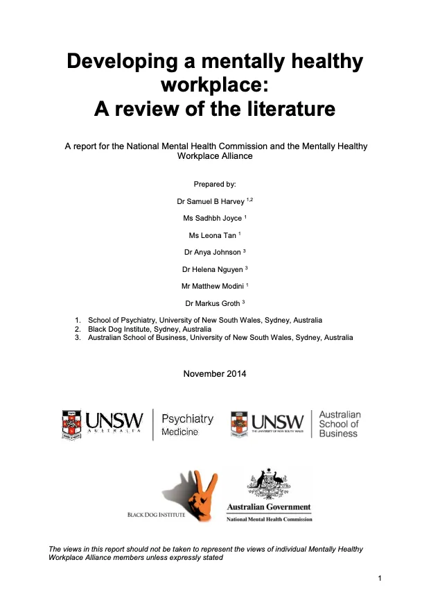 Developing a mentally healthy workplace: A review of the literature 