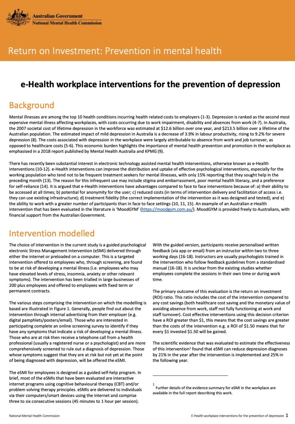 Return on Investment: Prevention in mental health, e-Health workplace interventions for the prevention of depression